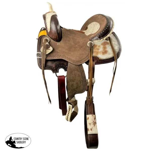 14", 15", 16" Double T  Dark Oil Hard Seat Barrel style saddle with Hair on Cowhide accents.