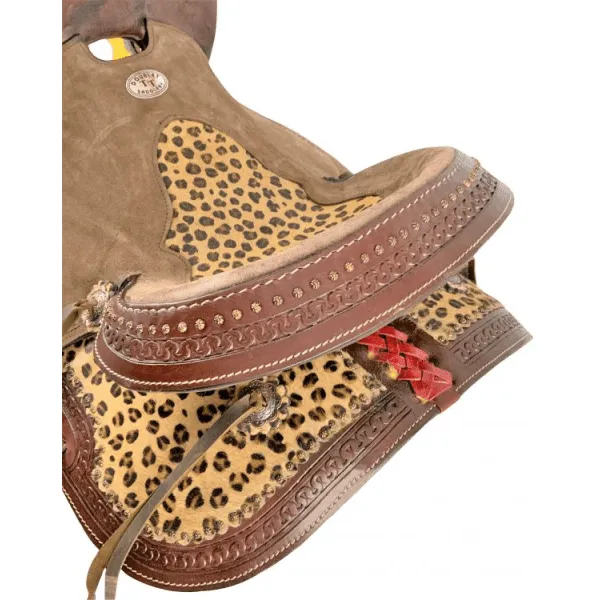 14", 15", 16" Double T  Hard Seat Barrel style saddle with Cheetah Seat and leather tassels.