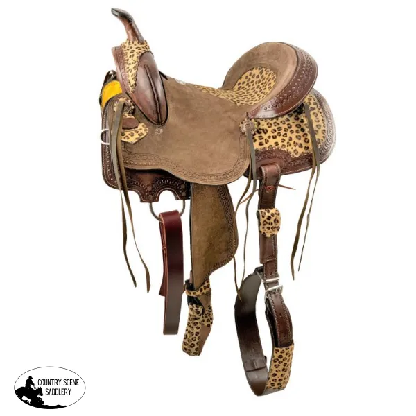 14", 15", 16" Double T  Hard Seat Barrel style saddle with Cheetah Seat and leather tassels.