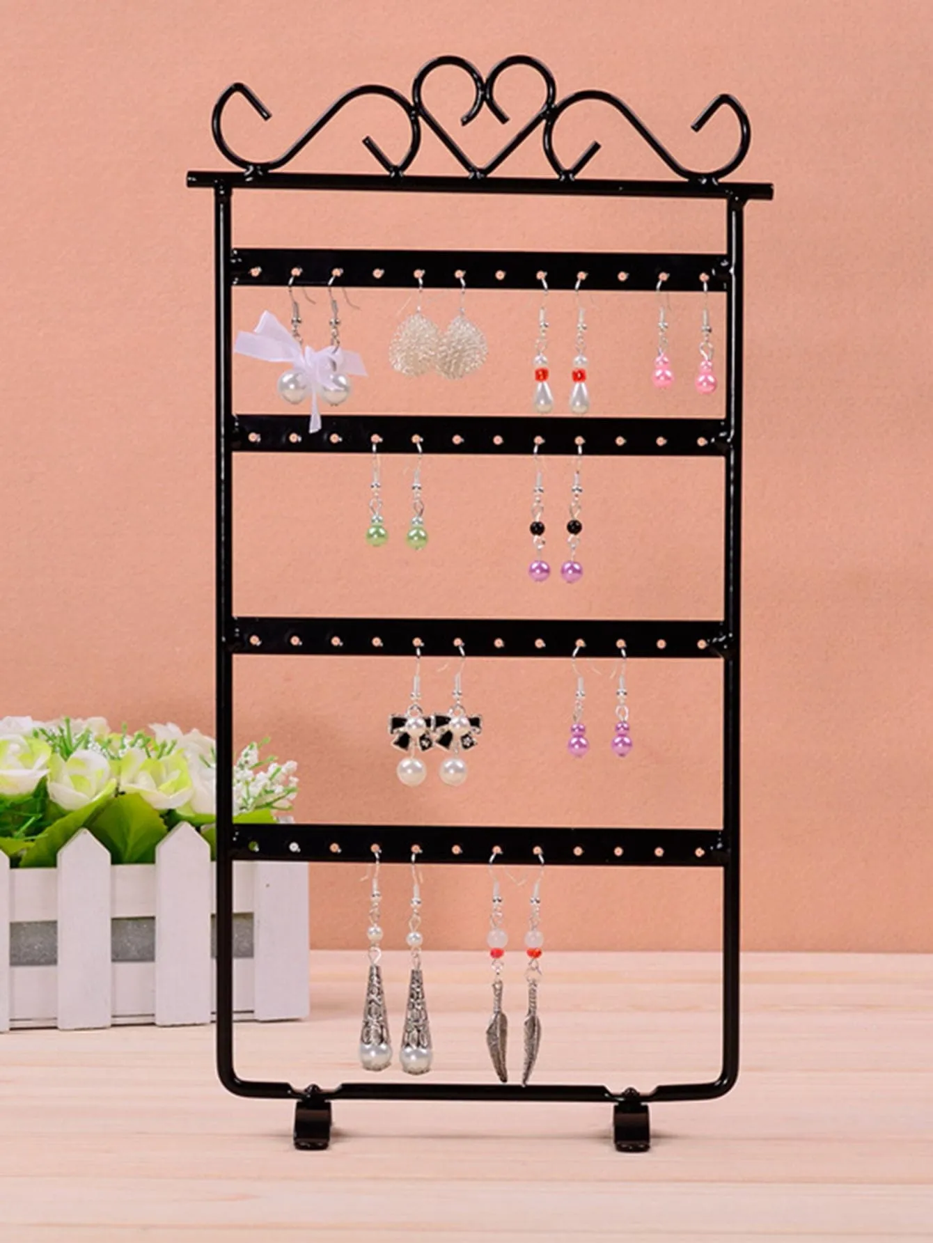 1pc Heart Decor Earrings Storage Rack, White Iron Multi Hole Jewelry Storage Rack For Household