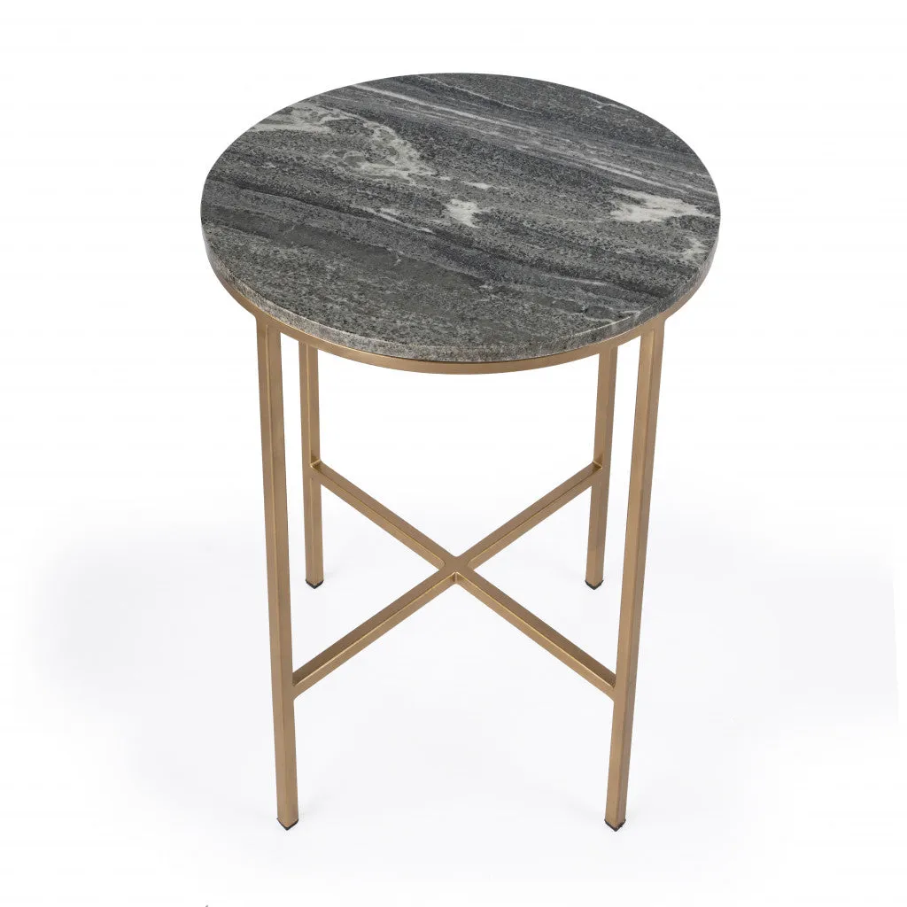 23" Brass And Gray Marble Round End Table By Homeroots