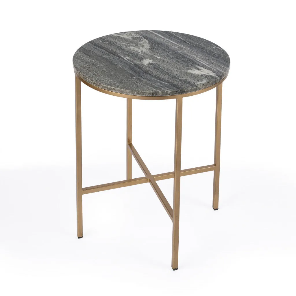 23" Brass And Gray Marble Round End Table By Homeroots