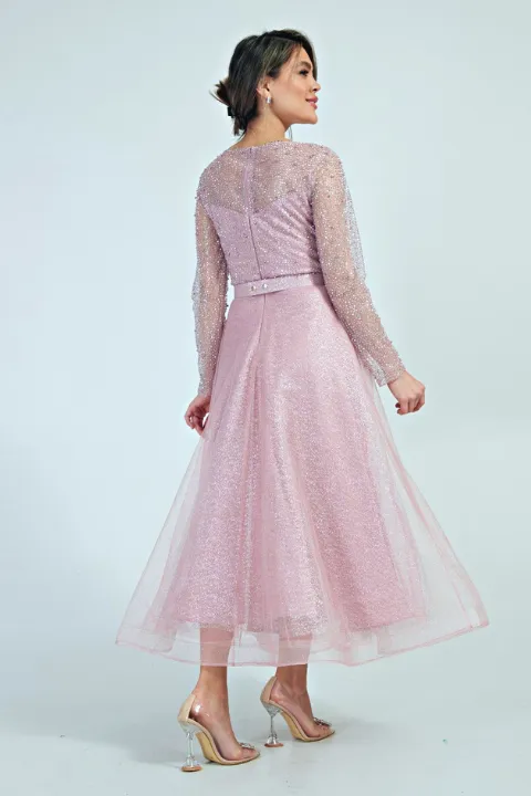 Abito da cerimonia midi in tulle lamè e chiffon rosa con corpetto decorato di brillantini e perle strass