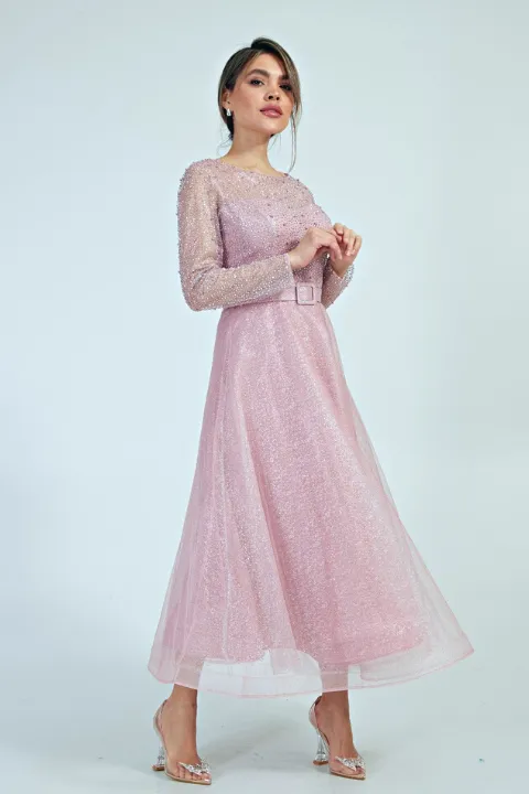 Abito da cerimonia midi in tulle lamè e chiffon rosa con corpetto decorato di brillantini e perle strass