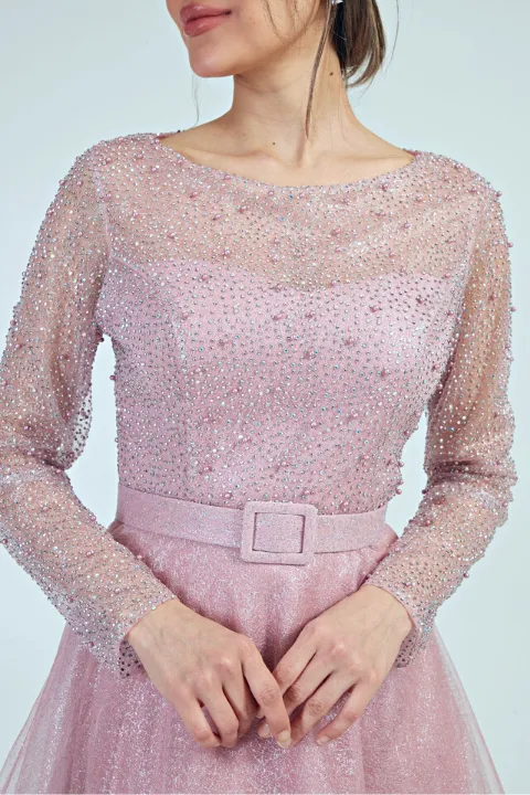 Abito da cerimonia midi in tulle lamè e chiffon rosa con corpetto decorato di brillantini e perle strass