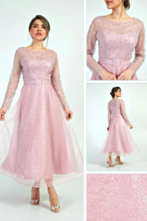 Abito da cerimonia midi in tulle lamè e chiffon rosa con corpetto decorato di brillantini e perle strass