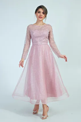 Abito da cerimonia midi in tulle lamè e chiffon rosa con corpetto decorato di brillantini e perle strass