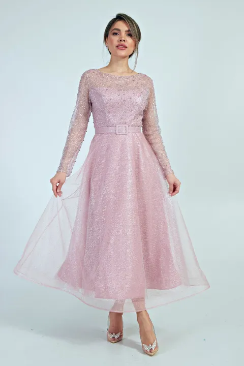 Abito da cerimonia midi in tulle lamè e chiffon rosa con corpetto decorato di brillantini e perle strass