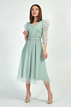 Abito verde menta da cerimonia lunghezza midi in tulle lamè e chiffon decorato di brillantini