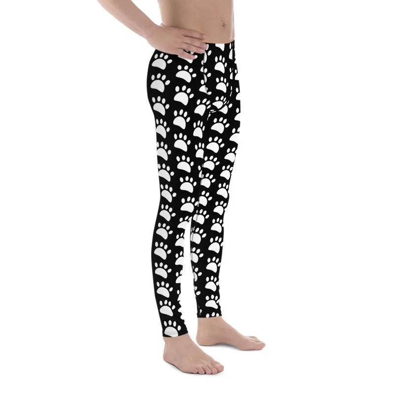 Animal Paw Black White Meggings, Cute White Print Black Men's Leggings Compression Running Tights