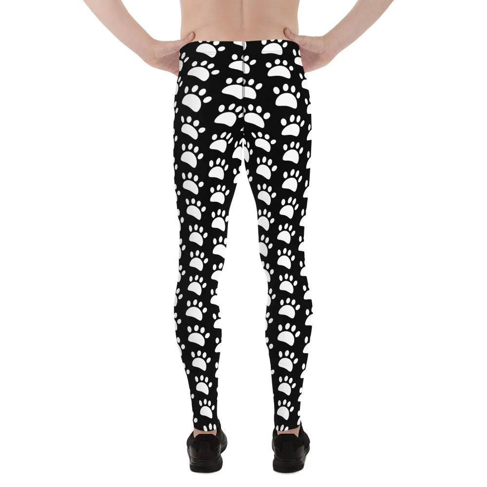 Animal Paw Black White Meggings, Cute White Print Black Men's Leggings Compression Running Tights