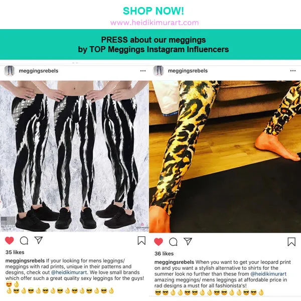 Animal Paw Black White Meggings, Cute White Print Black Men's Leggings Compression Running Tights