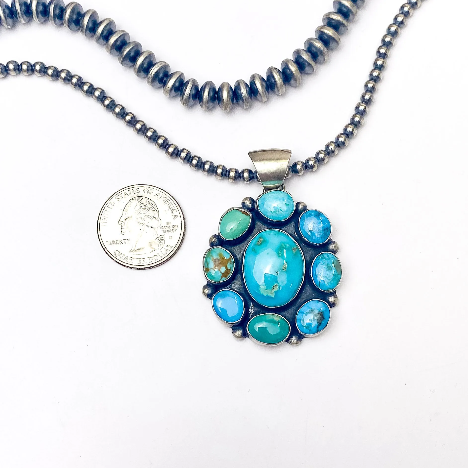 Augustine Largo | Navajo Handmade Sterling Silver Cluster Pendant with Kingman Turquoise Stone