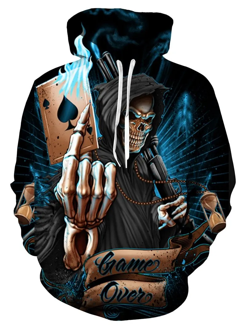 Autumn Winter Fashion Skull Print Hoodies Casual Hip Hop Men's Pullover