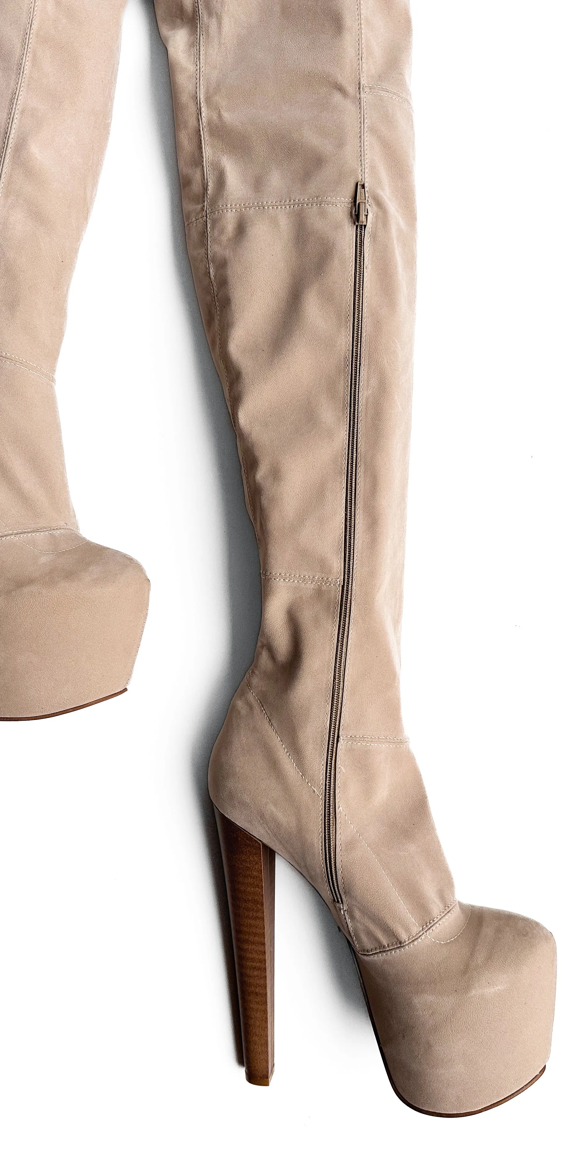 Beige Cream Suede Over the Knee High Heel Boots