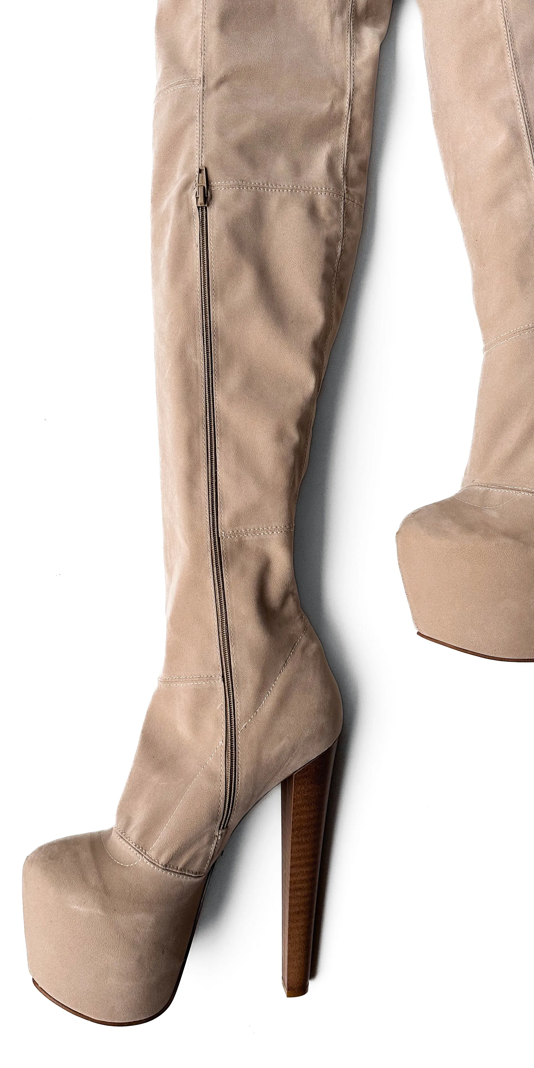 Beige Cream Suede Over the Knee High Heel Boots