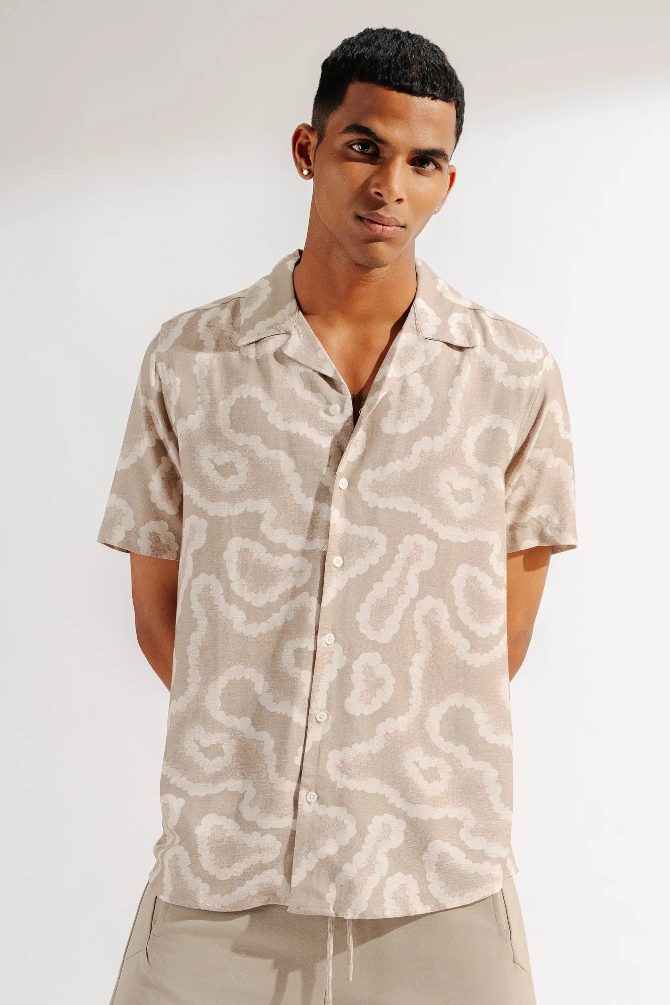 Beige Men's Printed Linen Shirt