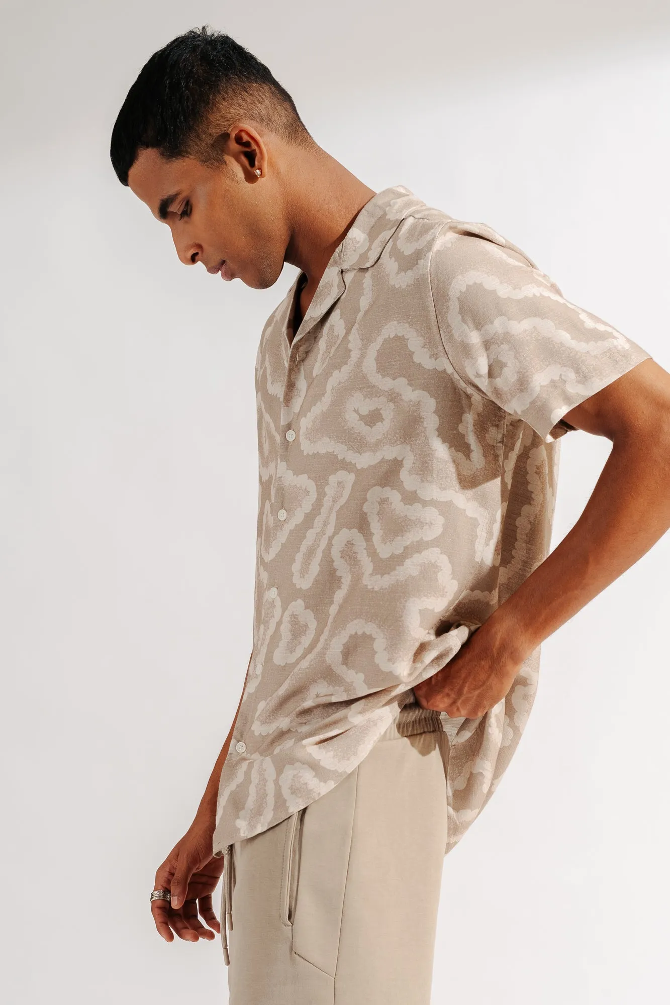 Beige Men's Printed Linen Shirt