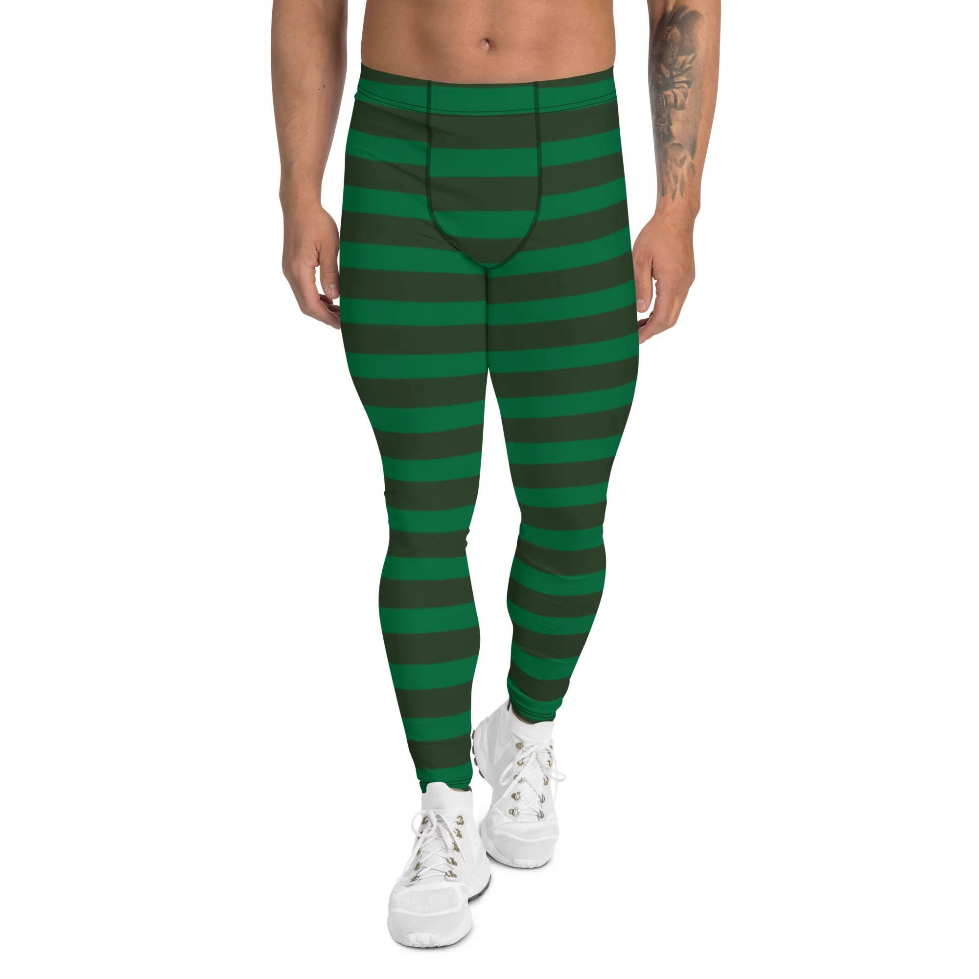 Best Festive Men's Leggings, Green Striped Christmas Meggings Festive Men's Tights-Made in USA/EU/MX