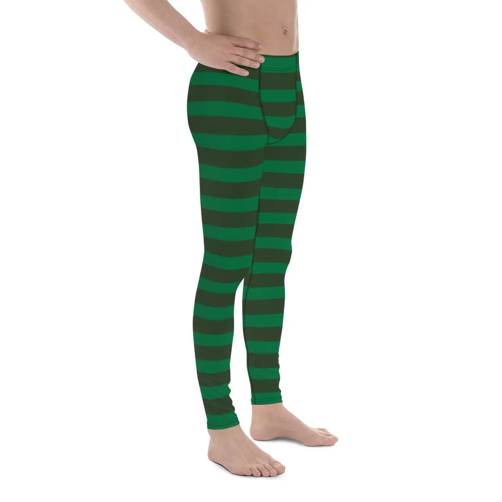 Best Festive Men's Leggings, Green Striped Christmas Meggings Festive Men's Tights-Made in USA/EU/MX