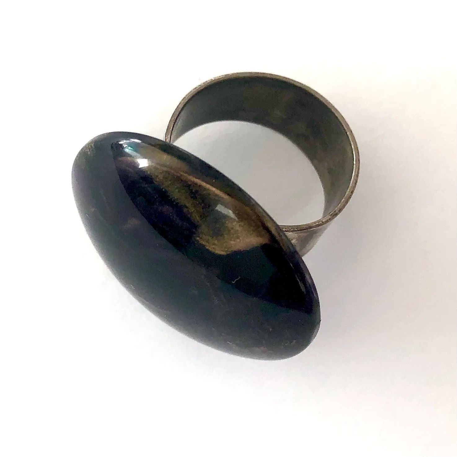 Black & Gold Marbled Lucite Silver Cocktail Ring