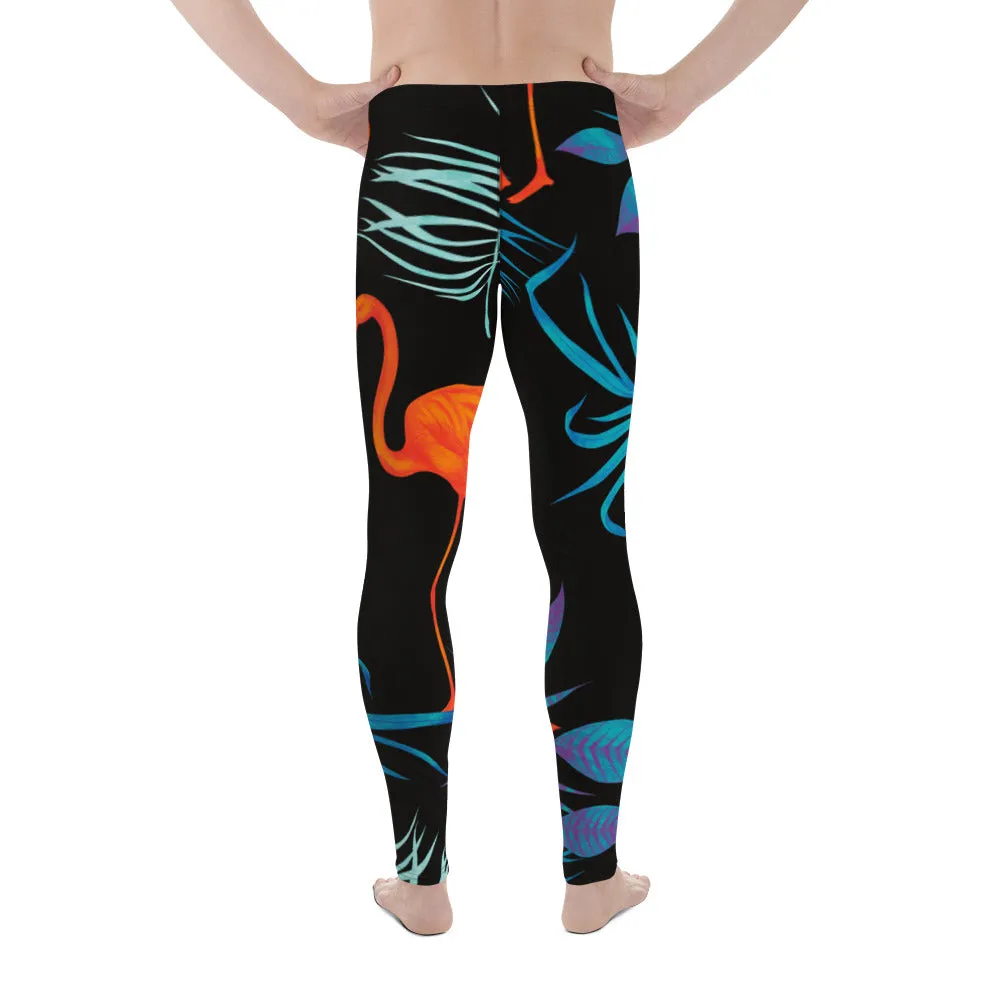 Black Flamingo Tropical Men's Leggings, Tropical Leaves Print Designer Running Compression Tights For Men - Made in USA/EU/MX