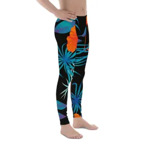 Black Flamingo Tropical Men's Leggings, Tropical Leaves Print Designer Running Compression Tights For Men - Made in USA/EU/MX