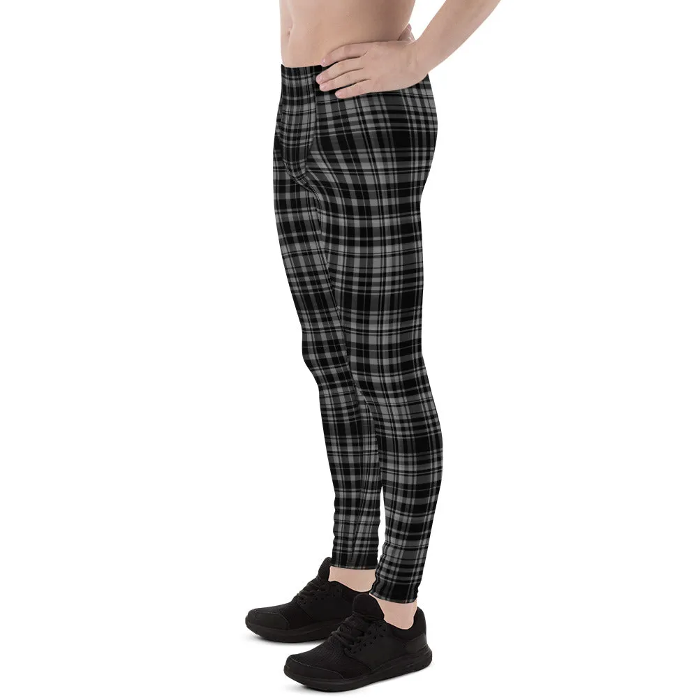 Black Gray Tartan Plaid Meggings, Men's Plaid Print Running Leggings Tights- Made in USA/EU