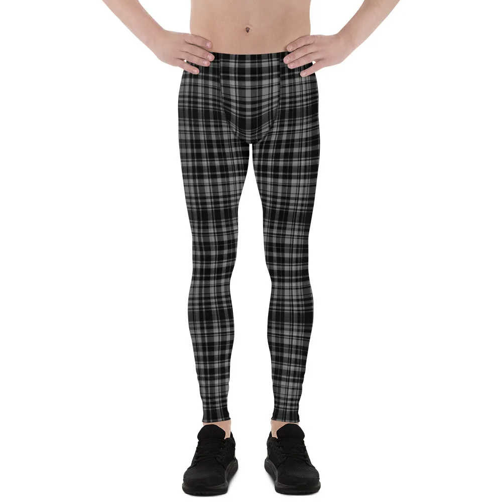 Black Gray Tartan Plaid Meggings, Men's Plaid Print Running Leggings Tights- Made in USA/EU