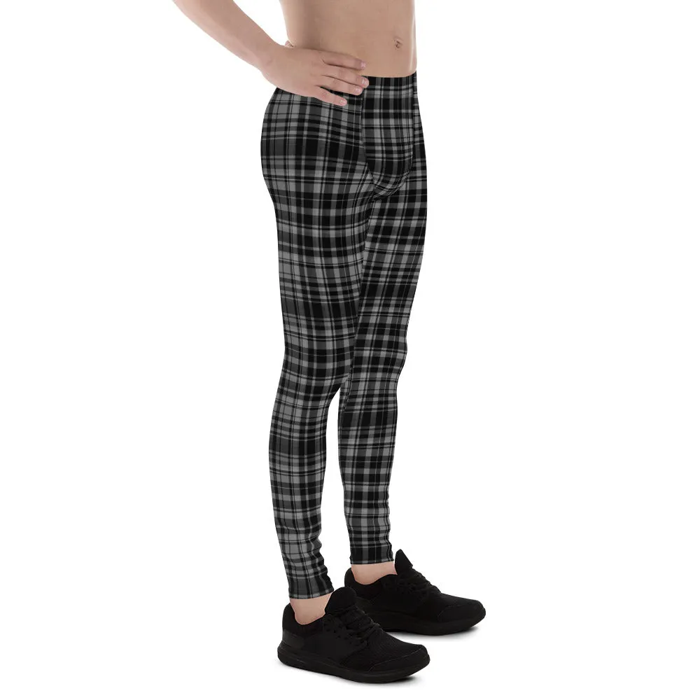 Black Gray Tartan Plaid Meggings, Men's Plaid Print Running Leggings Tights- Made in USA/EU