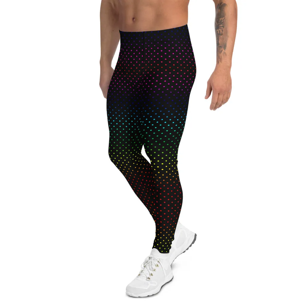 Black Polka Dots Men's Leggings, Rainbow Gay Pride Designer Meggings-Made in USA/EU