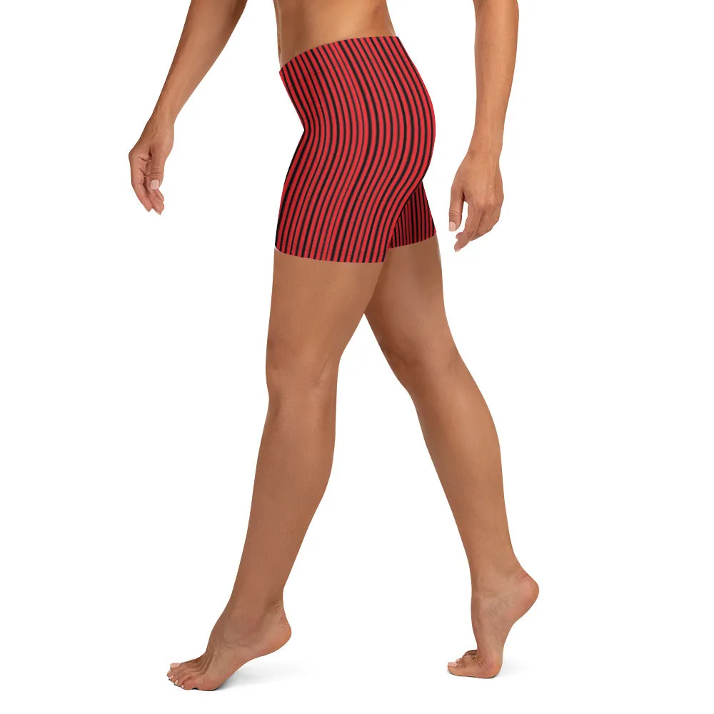 Black Red Striped Women's Shorts, Best Vertical Stripes Short Tights-Made in USA/EU/MX