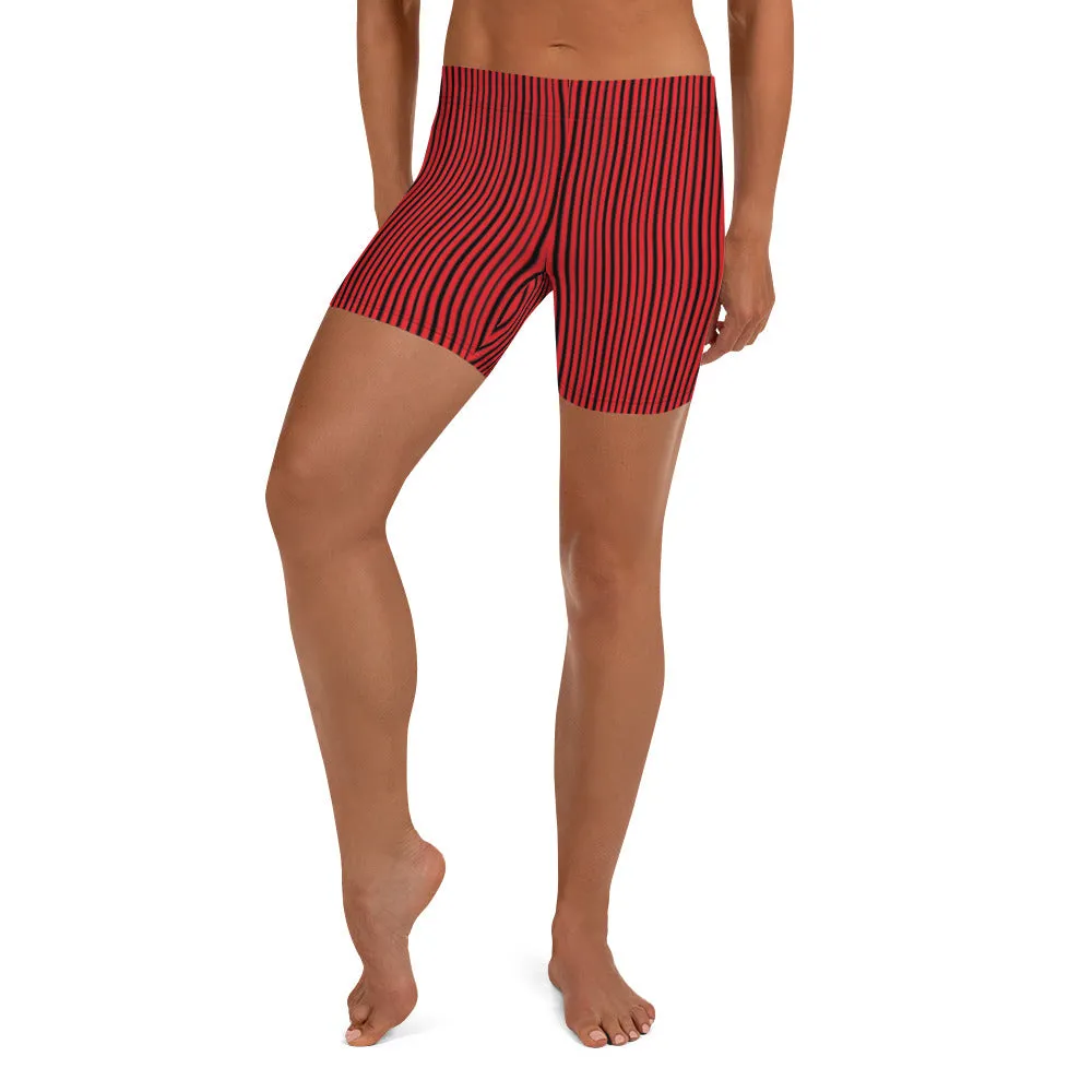 Black Red Striped Women's Shorts, Best Vertical Stripes Short Tights-Made in USA/EU/MX