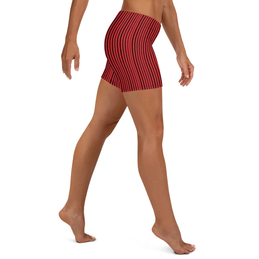 Black Red Striped Women's Shorts, Best Vertical Stripes Short Tights-Made in USA/EU/MX