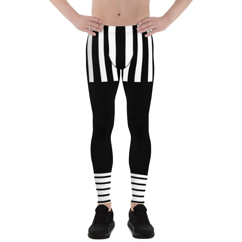 Black Striped Best Men's Leggings, Vertical Striped Black White Men's Running Tights - Made in USA/EU