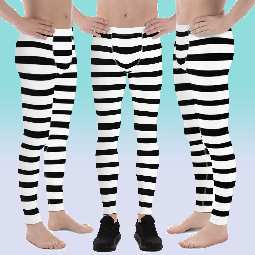 Black Striped Horizontal Print Meggings, White Stripe Horizontal Premium Men's Leggings-Made in USA/EU