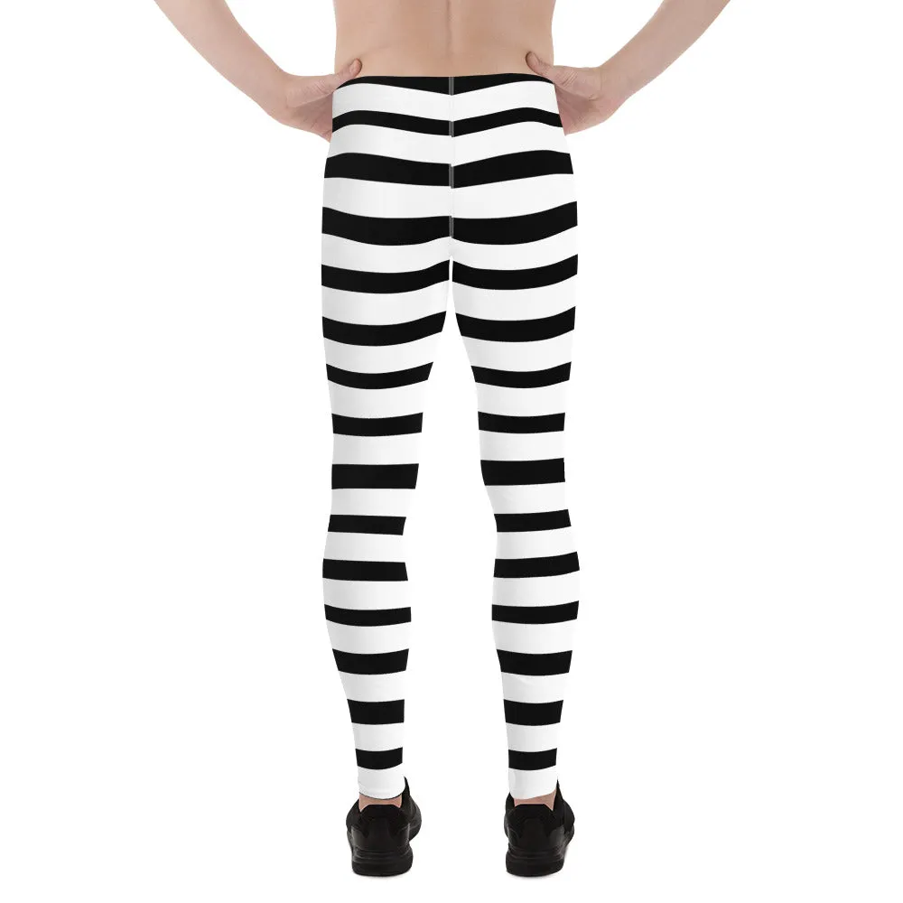 Black Striped Horizontal Print Meggings, White Stripe Horizontal Premium Men's Leggings-Made in USA/EU