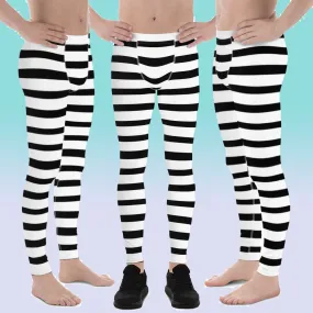 Black Striped Horizontal Print Meggings, White Stripe Horizontal Premium Men's Leggings-Made in USA/EU