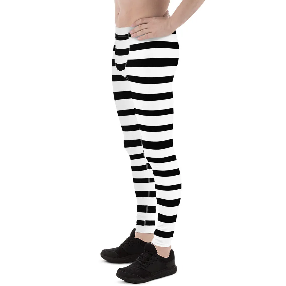 Black Striped Horizontal Print Meggings, White Stripe Horizontal Premium Men's Leggings-Made in USA/EU