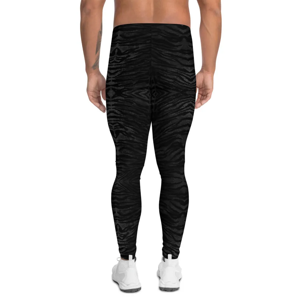 Black Tiger Stripe Men's Leggings, Animal Print Meggings Compression Tights-Made in USA/EU