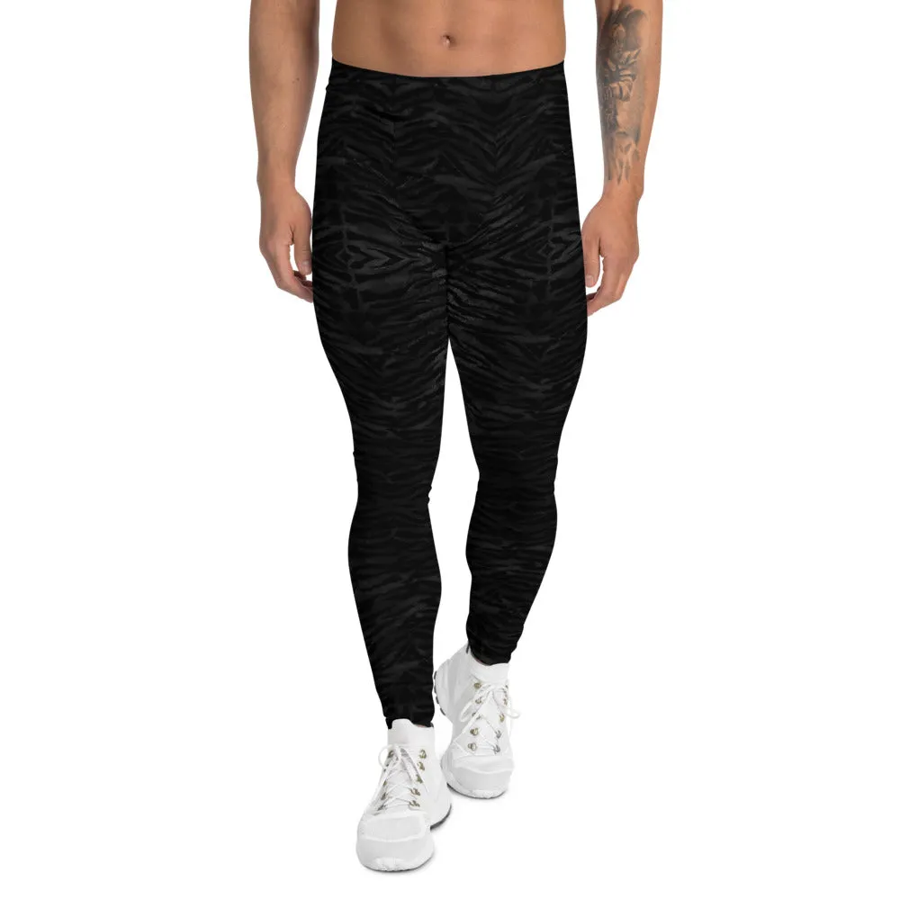 Black Tiger Stripe Men's Leggings, Animal Print Meggings Compression Tights-Made in USA/EU