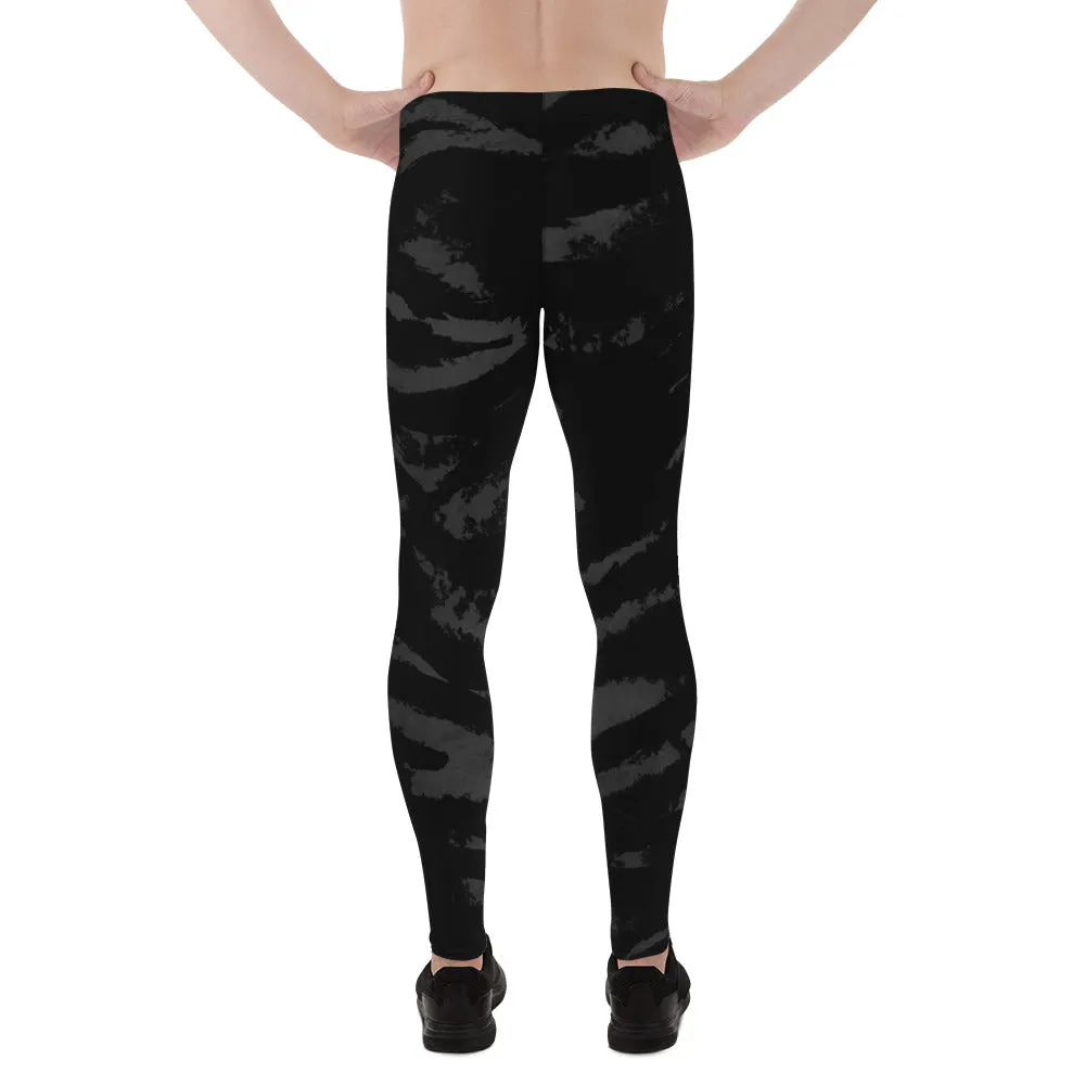 Black Tiger Stripe Print Meggings, Men's Running Leggings Run Tights- Made in USA/EU