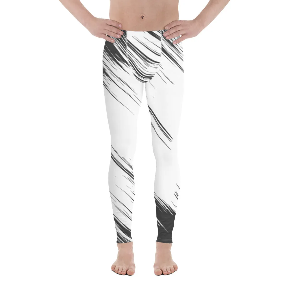 Black White Abstract Men's Leggings, Best Modern Minimalist Premium Meggings Running Tights-Made in USA/EU