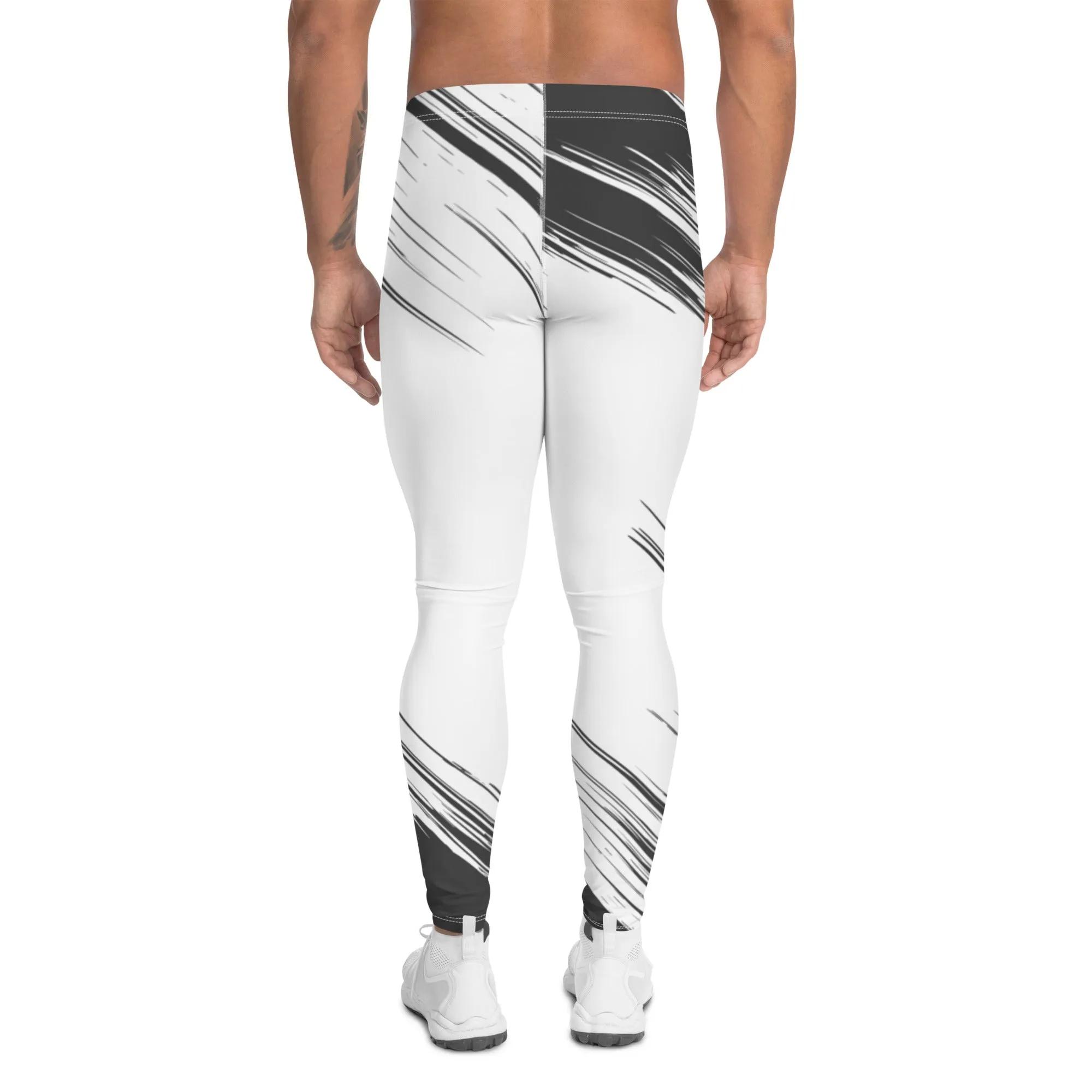 Black White Abstract Men's Leggings, Best Modern Minimalist Premium Meggings Running Tights-Made in USA/EU