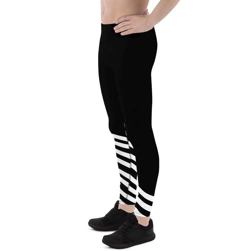 Black White Diagonal Striped Meggings, Modern Minimalist Striped Men's Athletic Running Leggings-Made in USA/EU/MX