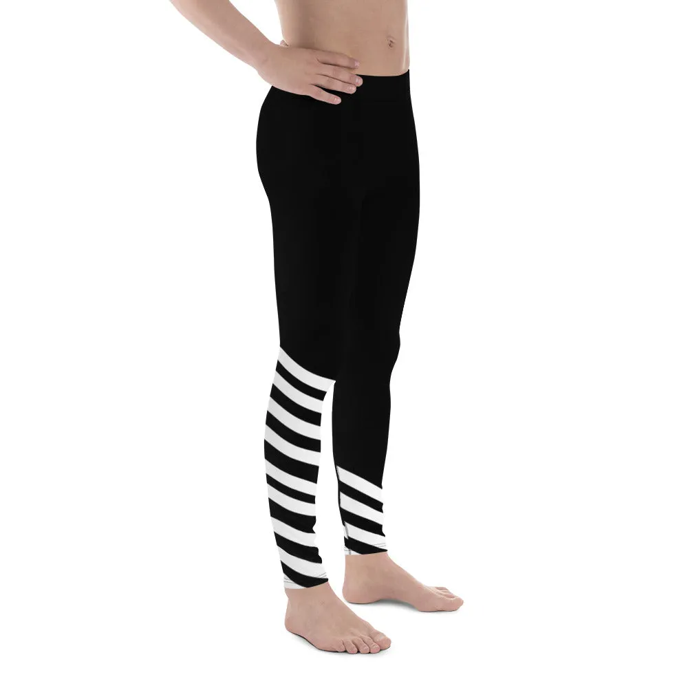 Black White Diagonal Striped Meggings, Modern Minimalist Striped Men's Athletic Running Leggings-Made in USA/EU/MX