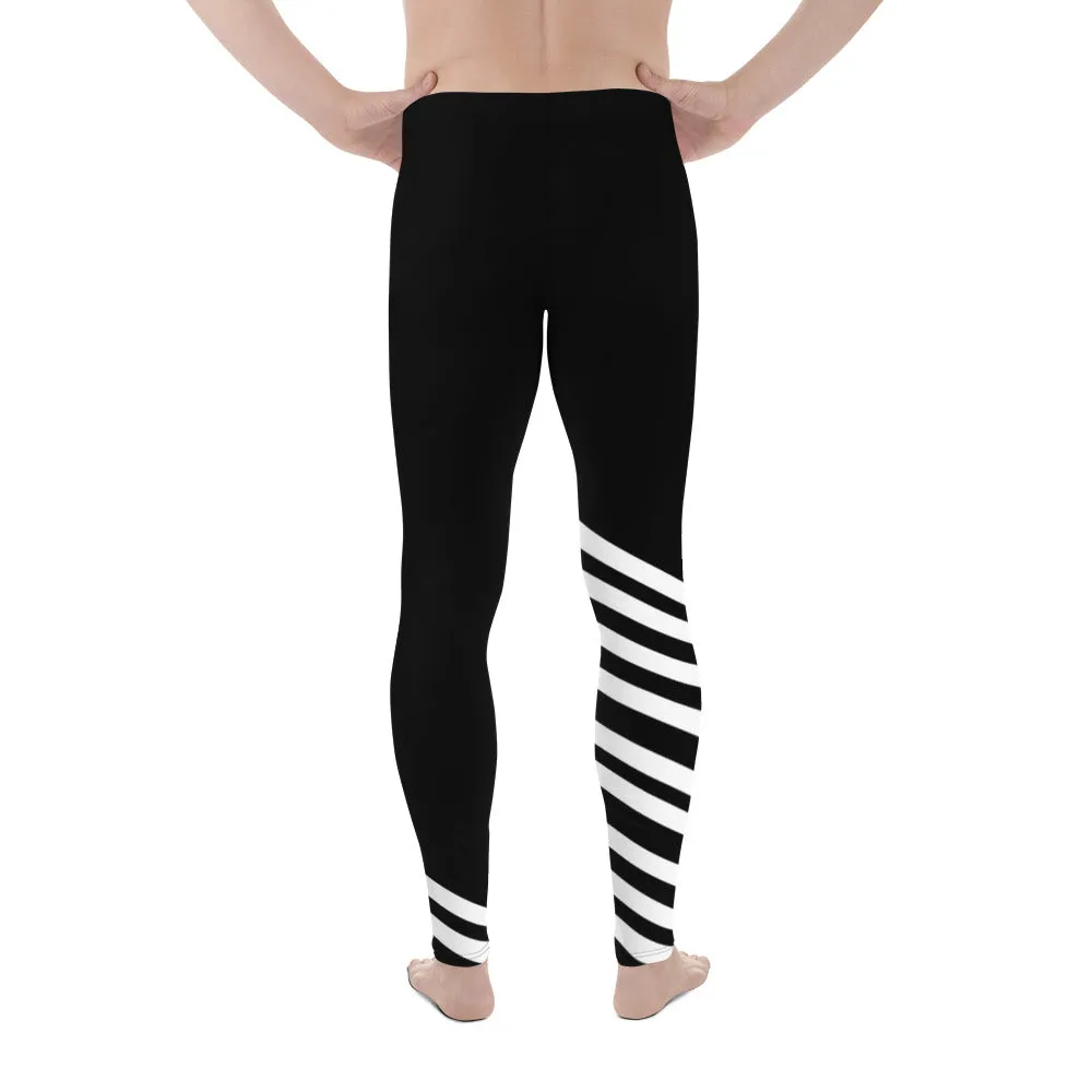 Black White Diagonal Striped Meggings, Modern Minimalist Striped Men's Athletic Running Leggings-Made in USA/EU/MX