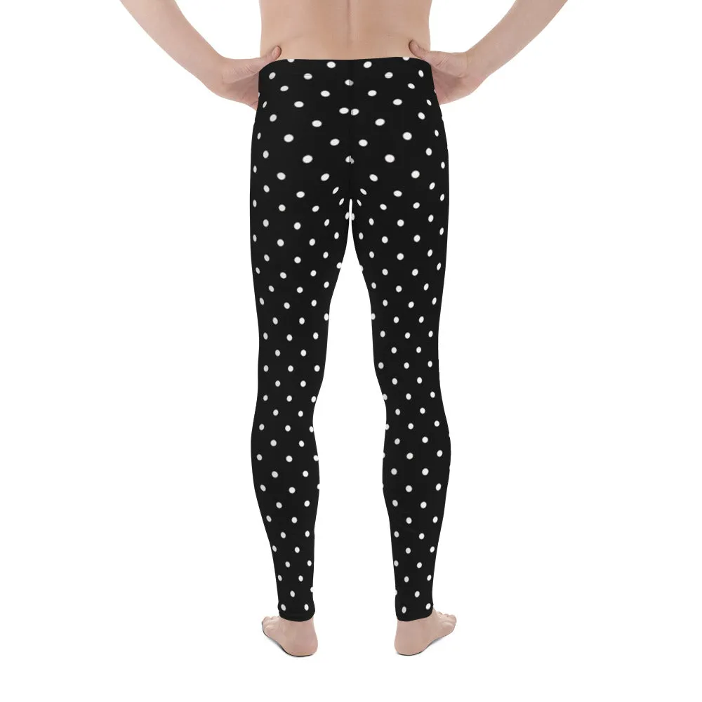 Black White Dots Meggings, Polka Dots Print Premium Men's Leggings-Made in USA/EU