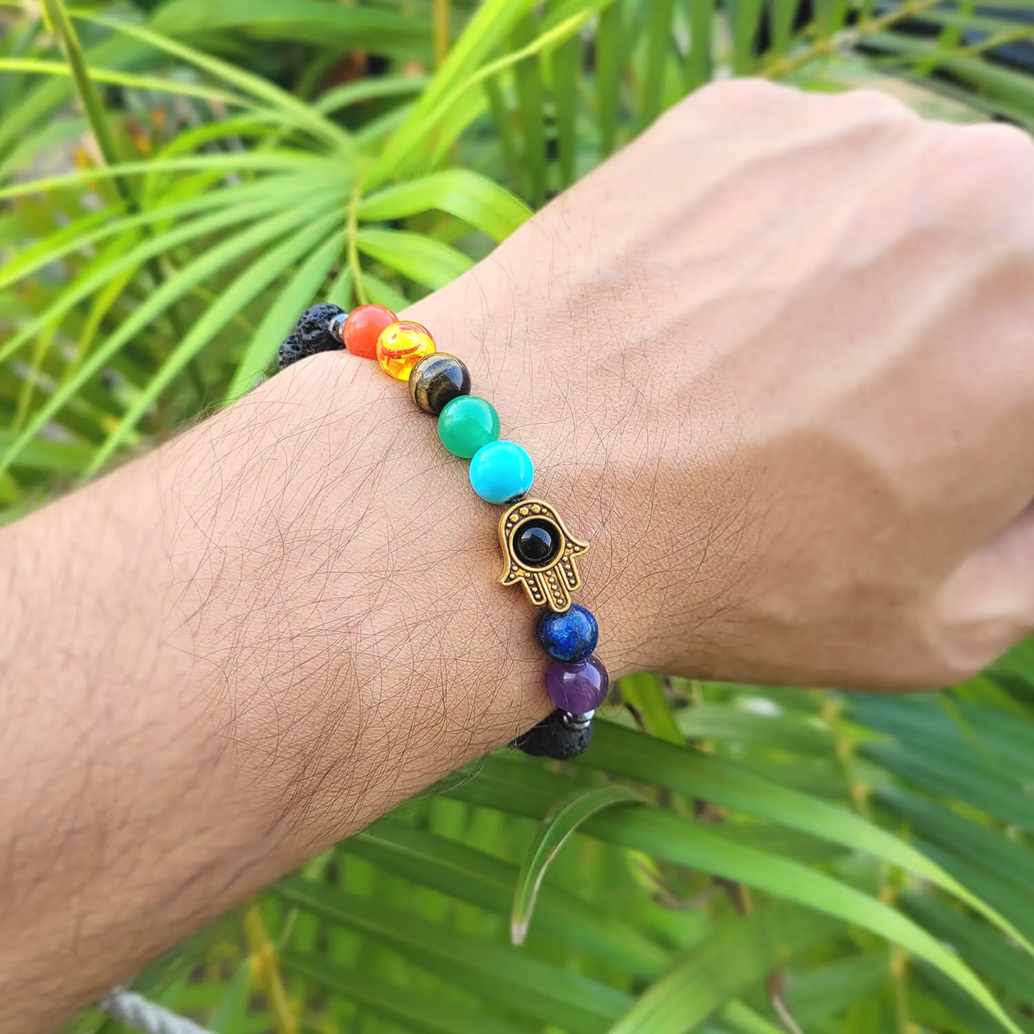 Certified 7 Chakra Hamsa Hand 8mm Natural Stone Bracelet