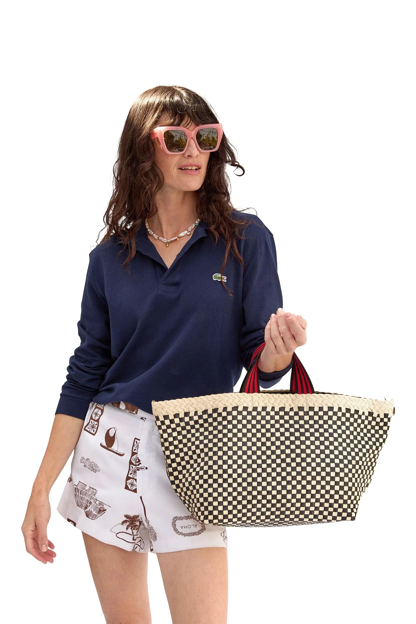 Clare V. Bateau Tote in Cream & Black Border Woven Checker